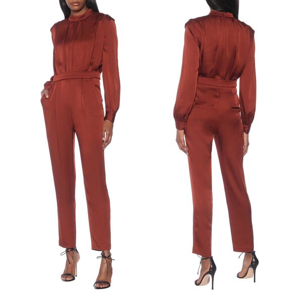 Veronica Beard Kavia Jumpsuit Clay Sz 4 Long Sleeve Satin Blouson Chic Sexy - Picture 1 of 16